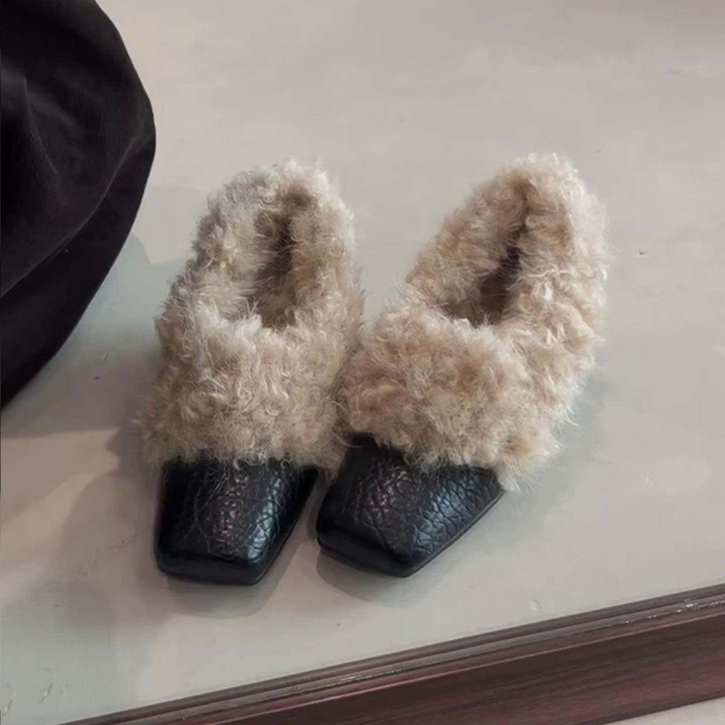 羊皮版~方头复古毛毛鞋一脚蹬内增高单鞋女棉鞋加绒保暖玛丽珍鞋