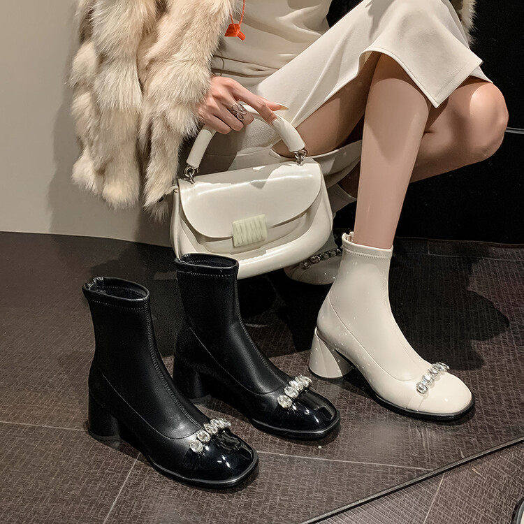 小奢miu水钻~法式粗跟弹力瘦瘦靴秋冬小码码34高跟短靴子女,女鞋,马丁靴,淘宝优惠券,粉丝福利购,淘宝优惠卷