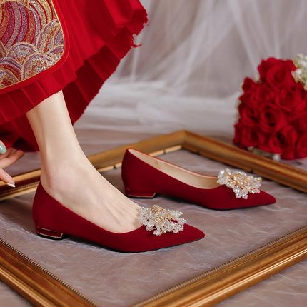 秀禾婚纱两穿鞋低跟结婚鞋女2022年新款平底粗跟红色鞋新娘鞋孕妇