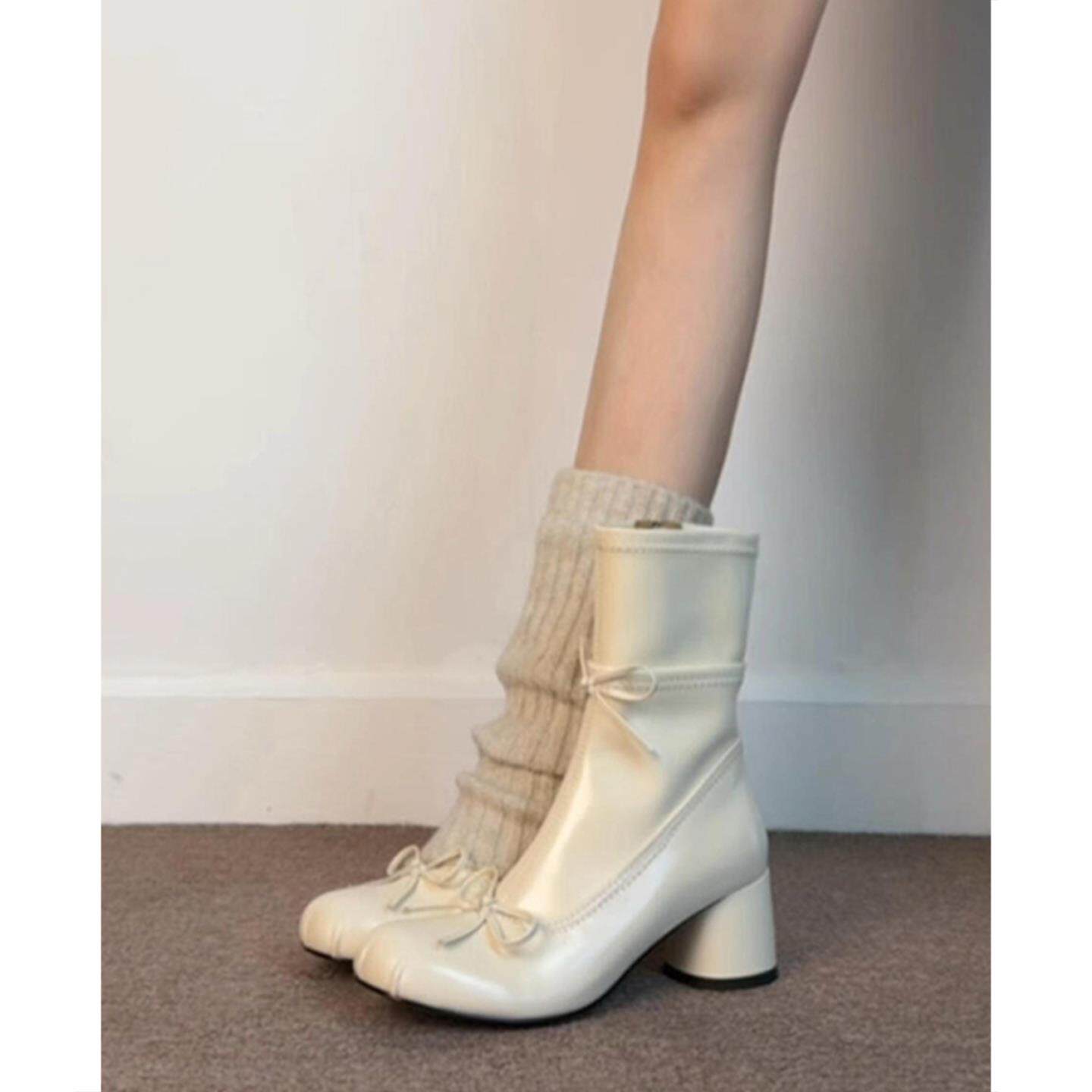 羊皮版~法式白色芭蕾风粗跟瘦瘦靴女高跟蝴蝶结短靴侧拉链弹力靴,女鞋,时装靴,淘宝优惠券,粉丝福利购,淘宝优惠卷