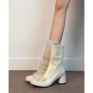 羊皮版~法式白色芭蕾风粗跟瘦瘦靴女高跟蝴蝶结短靴侧拉链弹力靴