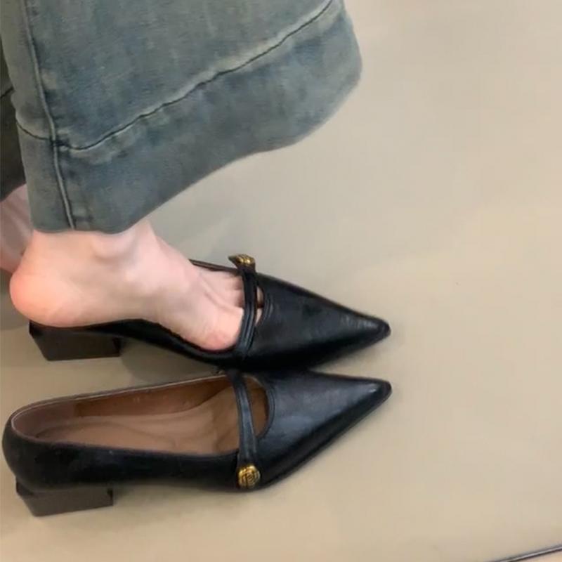 羊皮版！黑色复古尖头单鞋女2025新款百搭春季浅口粗跟通勤玛丽珍