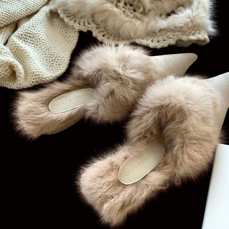 柔光雪兔~温柔兔毛翻领尖头拖复古单鞋秋冬INS加绒毛毛鞋ol仙女风