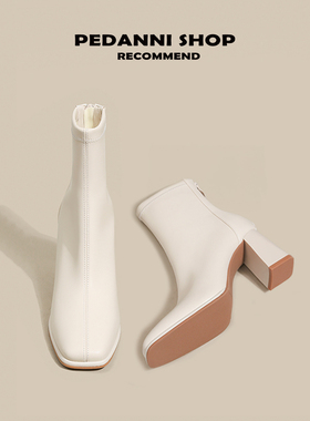 方头粗跟短靴女法式白色高跟鞋秋冬加绒马丁弹力瘦瘦靴裸靴