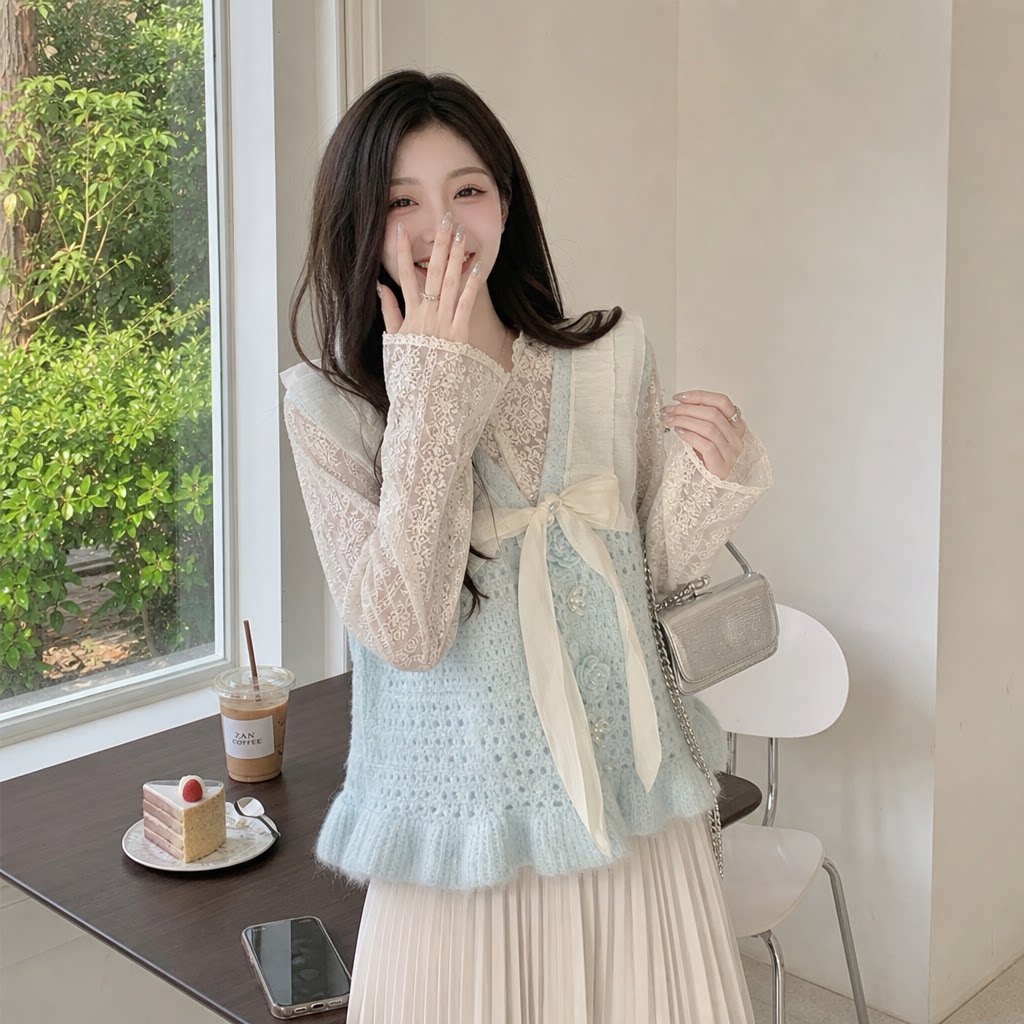 法式V领蝴蝶结花朵针织马甲女