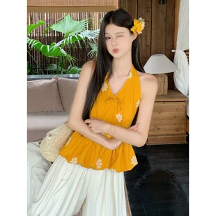 设计感辣妹V领印花无袖挂脖背心女夏季新款甜美收腰显瘦花苞上衣