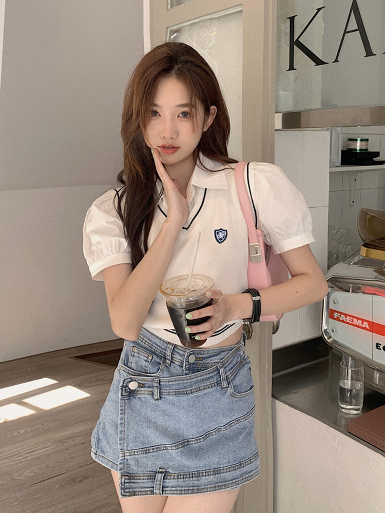 夏季小众学院风又甜又辣假两件套马甲短款Polo领短袖针织衫上衣女