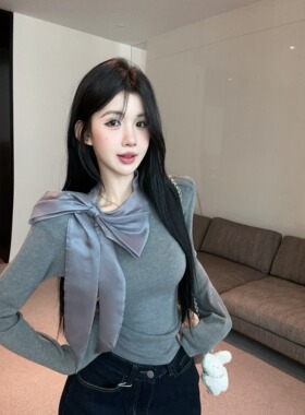 法式气质蝴蝶结绑带长袖针织衫女2025早秋新款修身内搭打底衫上衣