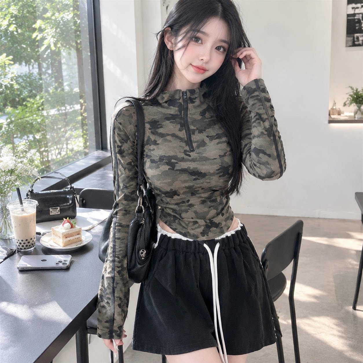 美式迷彩连帽拉链显瘦长袖T恤
