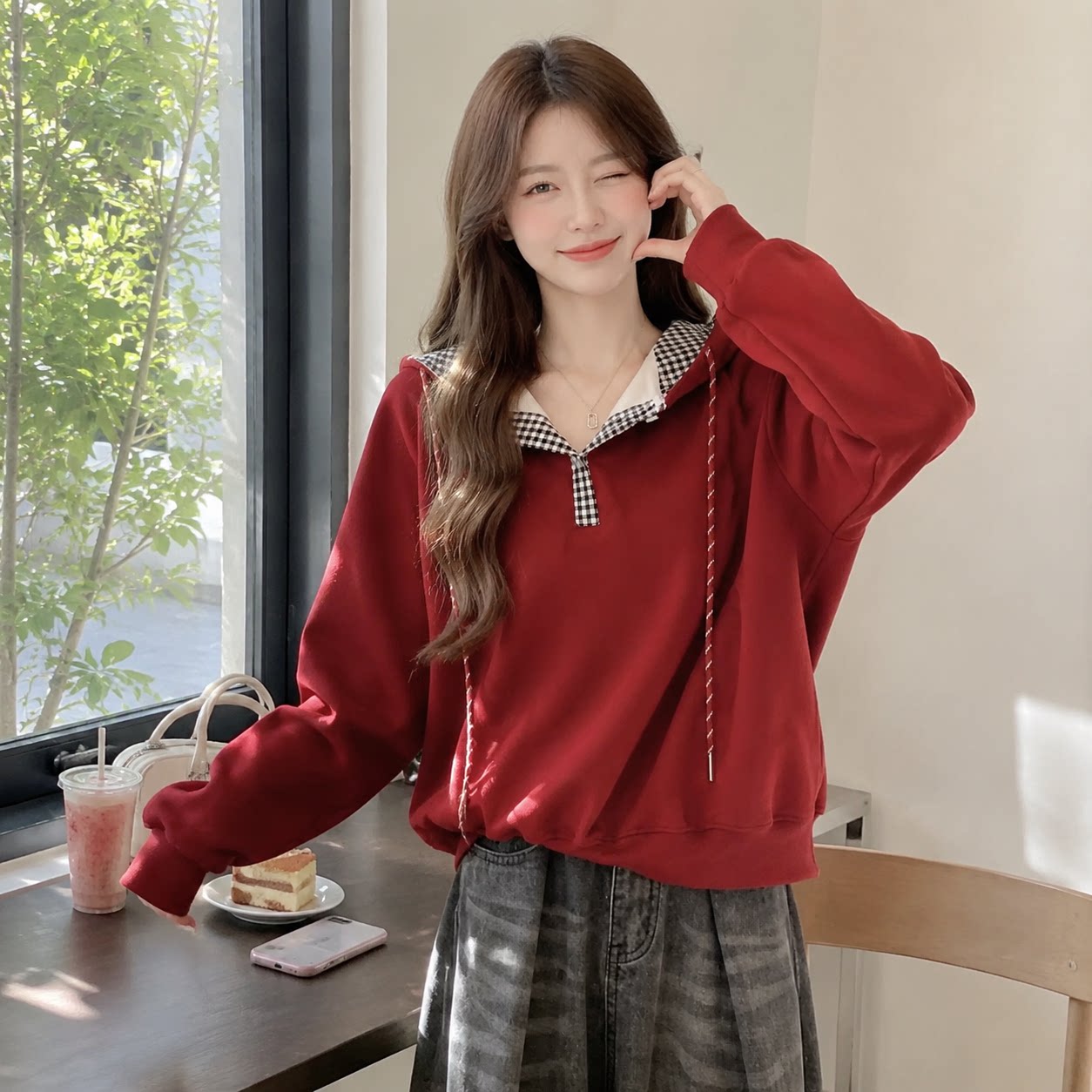 秋冬抽绳连帽大码宽松卫衣女