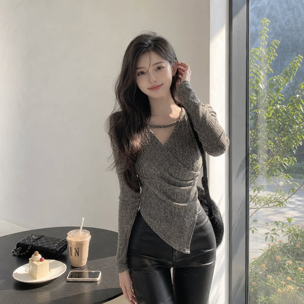 纯欲V领亮片显瘦长袖T恤女