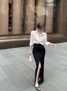 气质白色polo领长袖衬衫女夏收腰显瘦小众衬衣黑色高腰半身裙套装