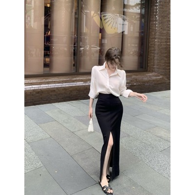 气质白色polo领长袖衬衫女夏收腰显瘦小众衬衣黑色高腰半身裙套装