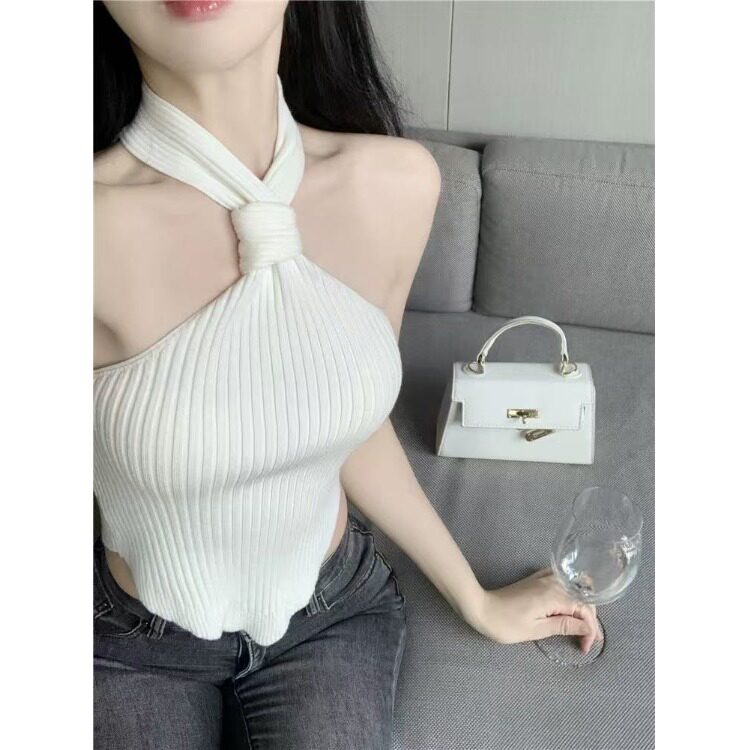 性感辣妹气质显瘦挂脖露肩针织背心女夏打底无袖短款吊带上衣外穿