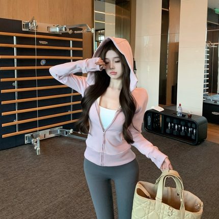 蓝色短款外套女春秋韩系新款小个子连帽卫衣修身正肩收腰运动上衣
