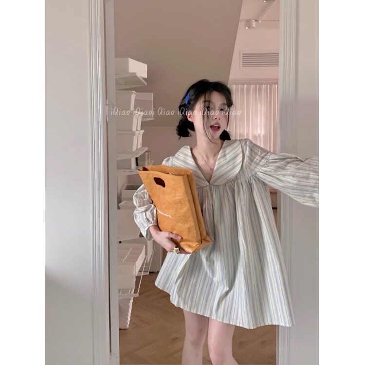 甜美条纹长袖连衣裙秋季2024新款时尚减龄娃娃领气质A字短裙女装