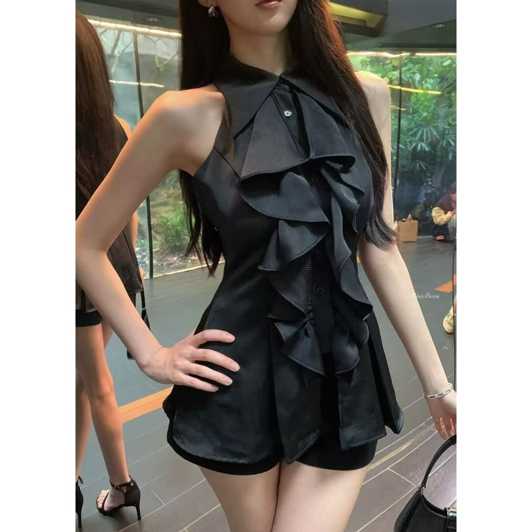 夏季法式荷叶边无袖中长款衬衫