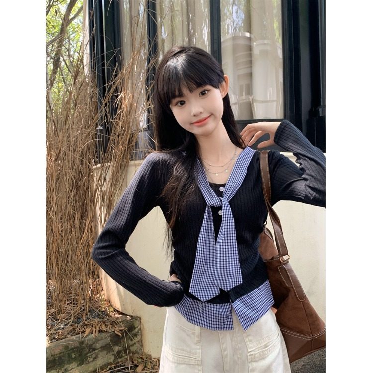 学院风撞色格子拼接假两件针织衫女秋冬季韩系chic上衣设计感小衫