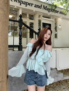 2024春季新款一字肩上衣短款小衫女小个子法式荷叶边绑带长袖上衣