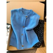 韩系新款 叠搭设计感毛衣背心外套上衣 无袖 配衬衫 圆领针织马甲开衫