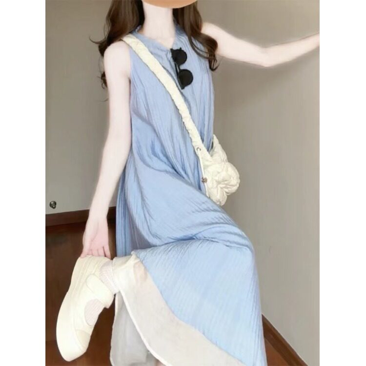 法式条纹肌理感假两件连衣裙女夏季新款宽松显瘦垂坠感气质长裙子