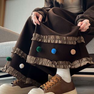 甜美木耳花边毛球咖色直筒阔腿裤女2026年秋冬季小个子垂感休闲裤