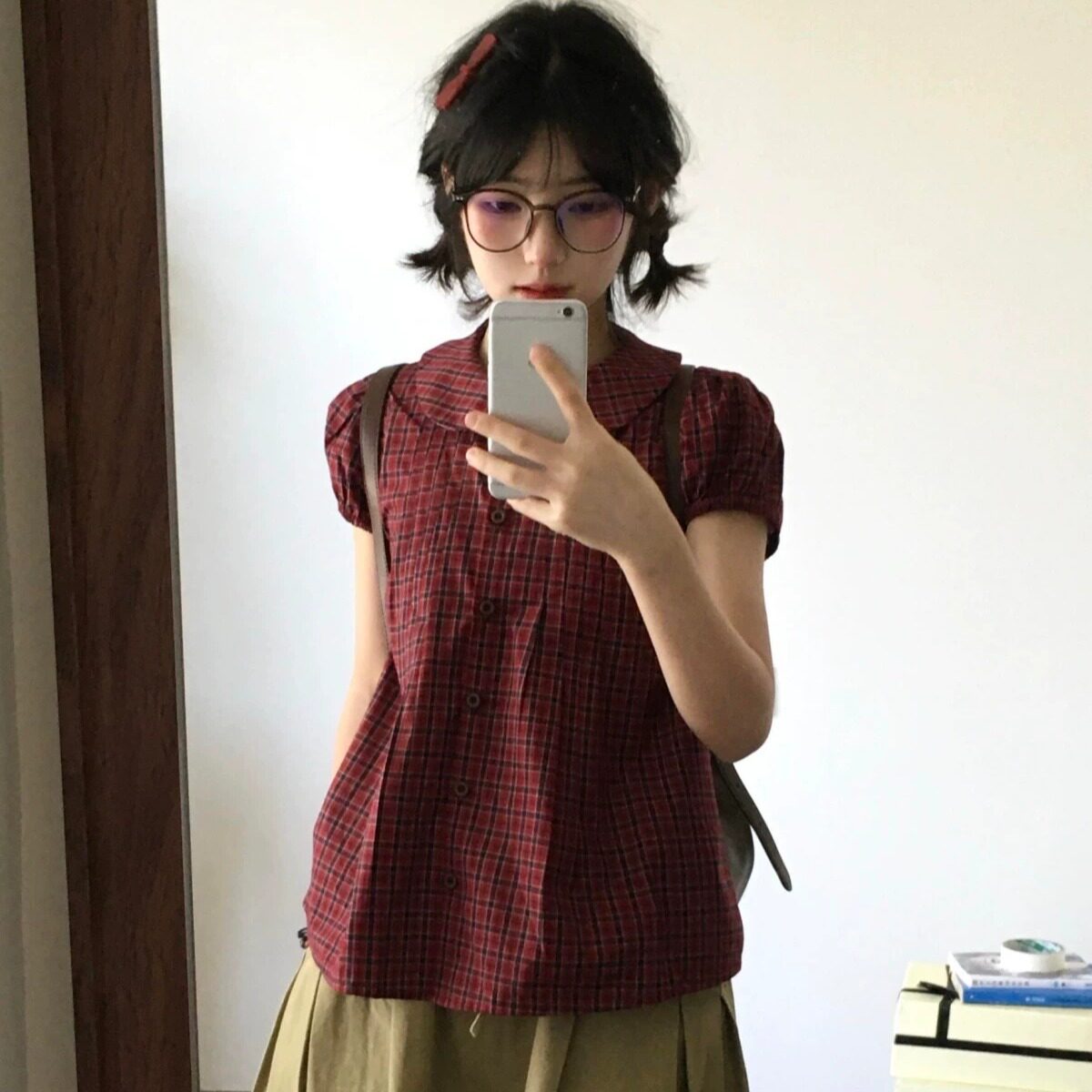 夏季复古格子泡泡袖显瘦短袖衬衫