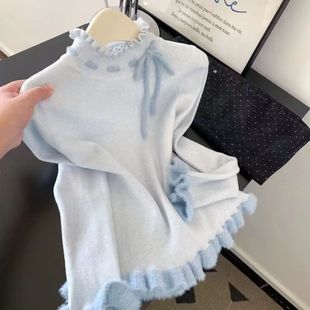 半高领蓝色毛衣内搭打底衫女秋冬季2026新款高级感木耳边针织上衣