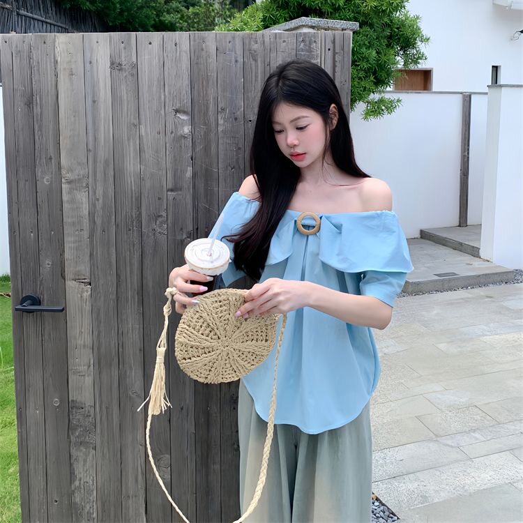 2026夏季甜美一字肩荷叶边衬衫