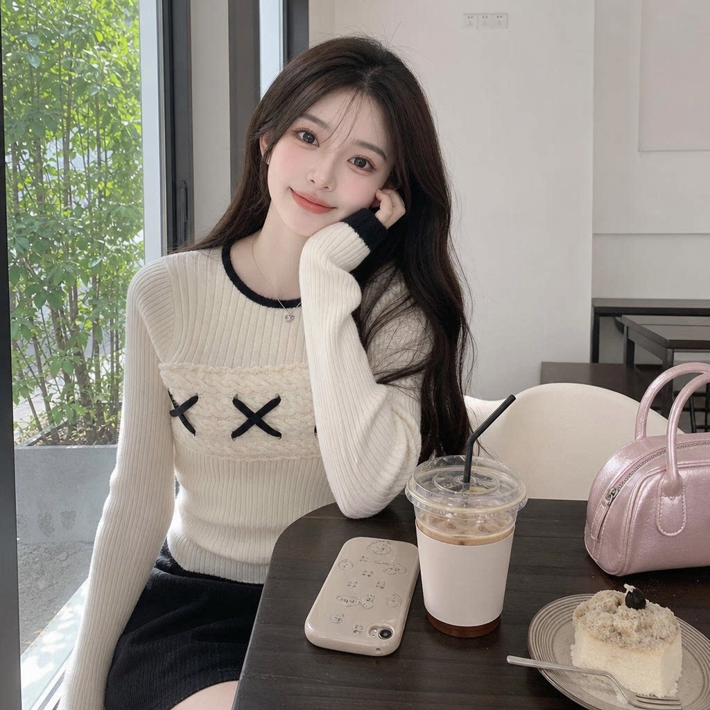 秋冬杏色修身显瘦针织打底衫女