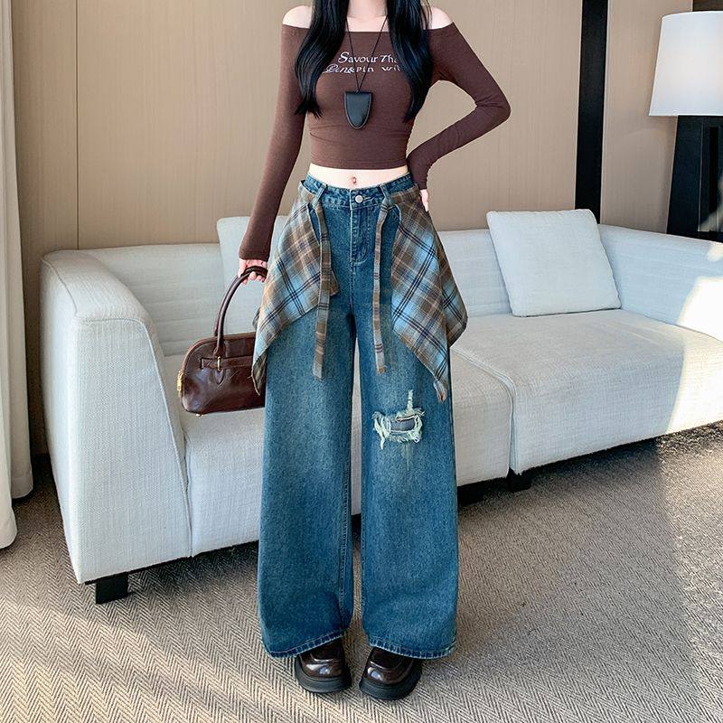 格子屁帘设计感高街直筒牛仔裤女秋季2025新款高腰显瘦破洞阔腿裤,女装/女士精品,牛仔裤,淘宝优惠券,粉丝福利购,淘宝优惠卷