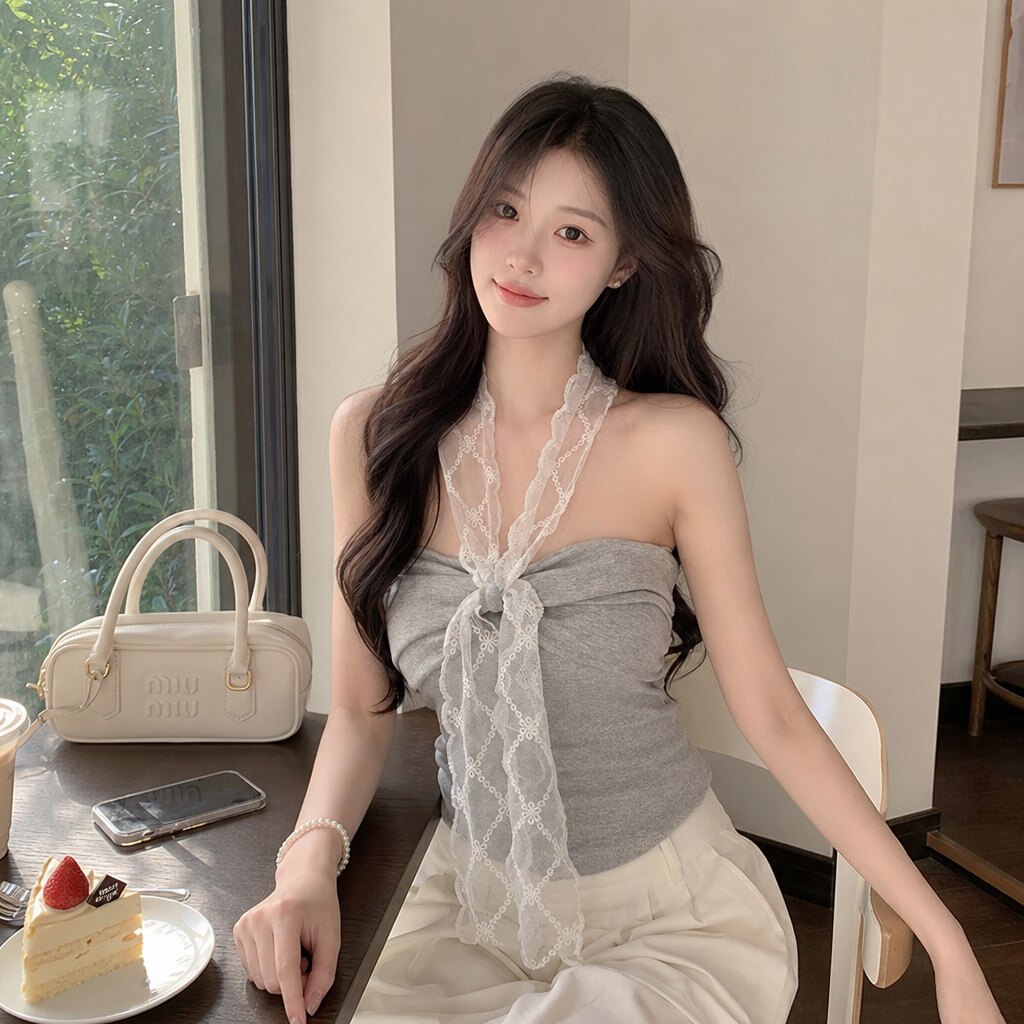 纯欲蕾丝蝴蝶结可挂脖无肩带抹胸