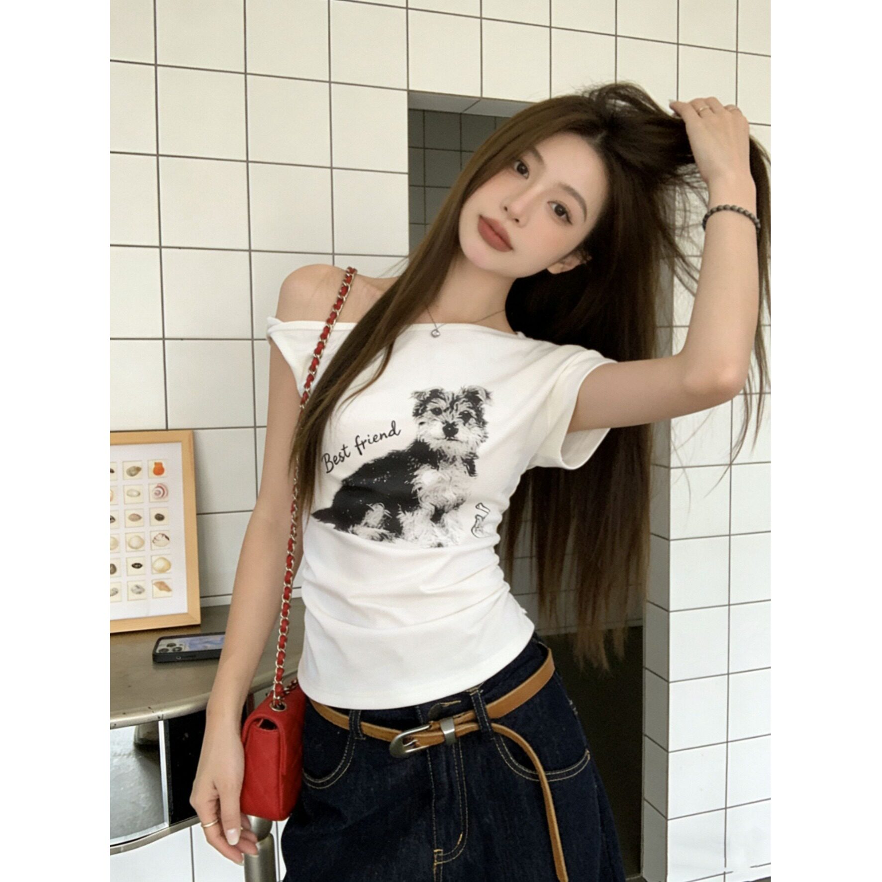 夏季纯棉斜肩露肩修身短袖T恤女