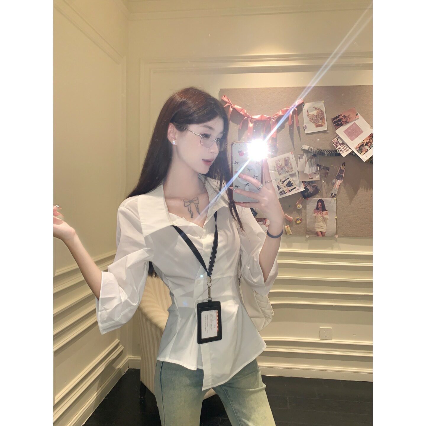 白色辣妹修身七分袖显瘦通勤衬衫