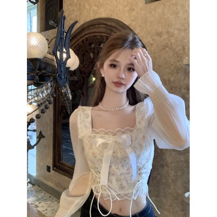 法式甜美方领蝴蝶结碎花衬衫
