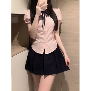 纯欲辣妹jk制服短袖衬衫女修身显瘦收腰衬衣设计感上衣百褶裙套装
