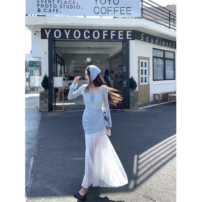 春夏法式修身碎花网纱吊带裙套装
