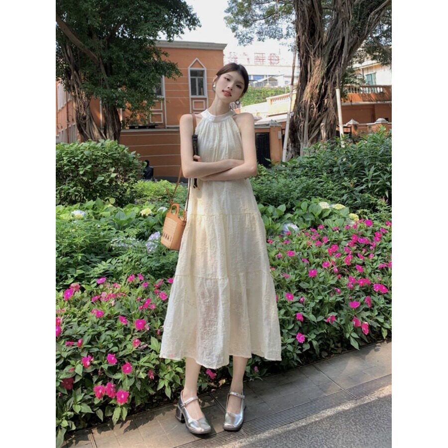 圆领夏季无袖绝美挂脖套头A字裙