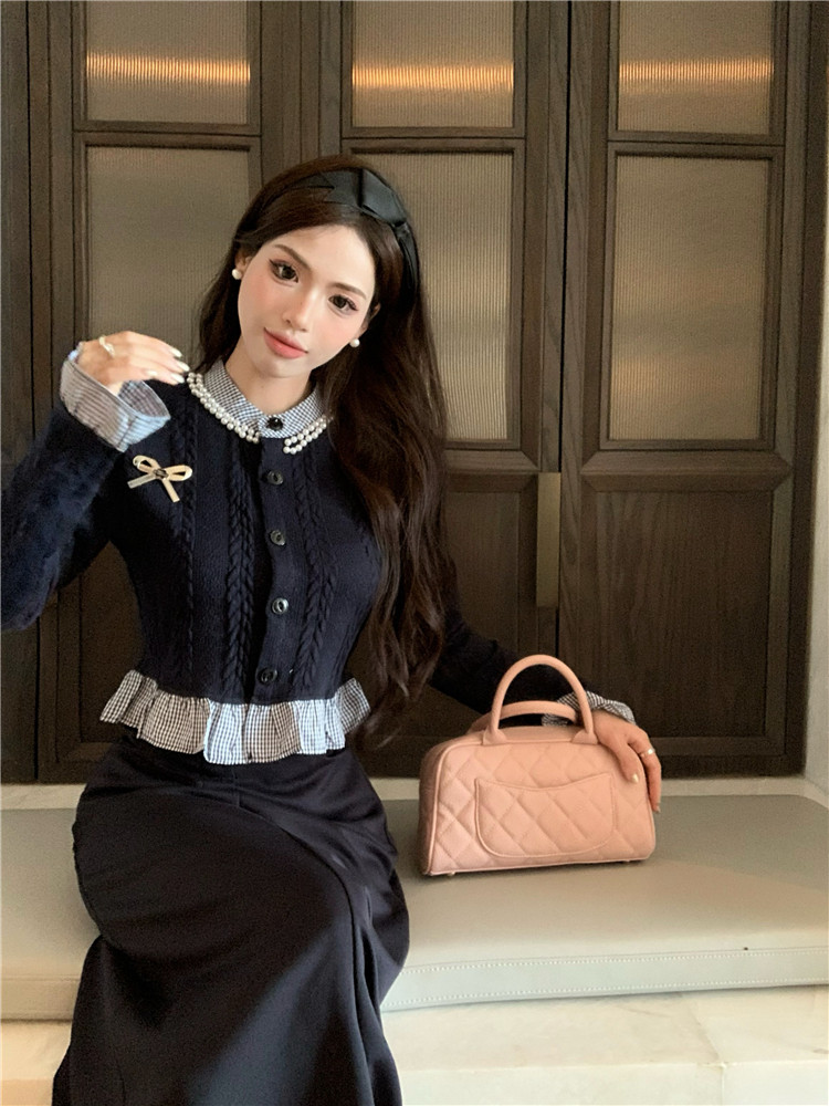 学院风小众假两件蝴蝶结长袖毛衣女装秋季宽松显瘦短款针织衫上衣