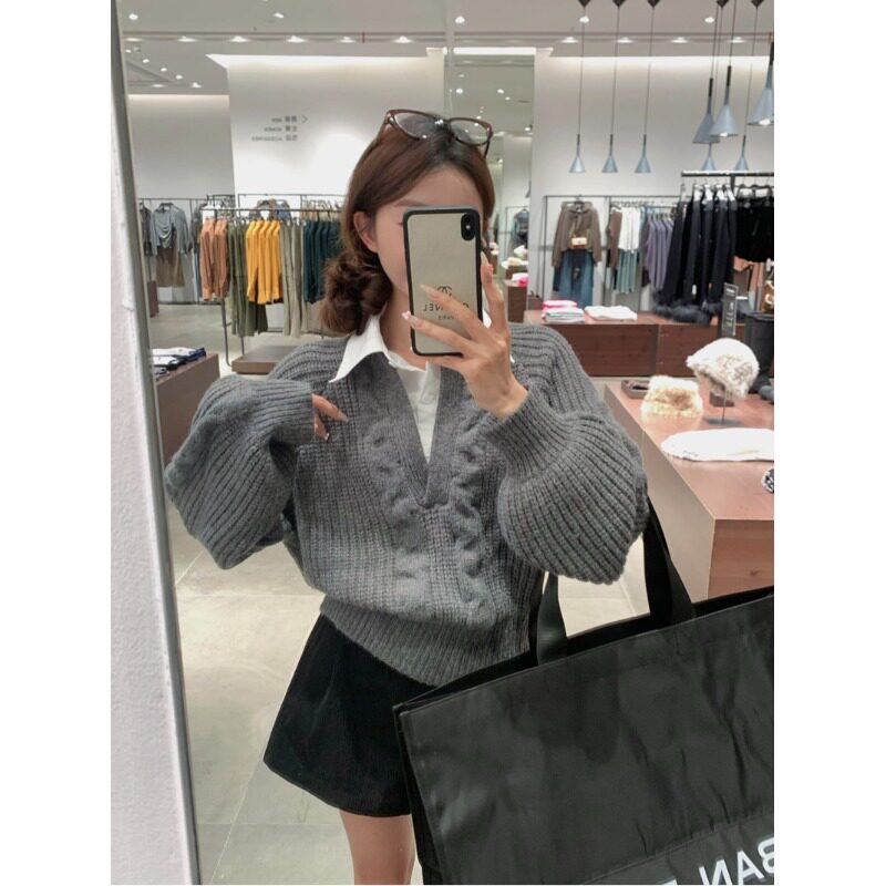 毛衣秋冬拼接女装衬衫外穿