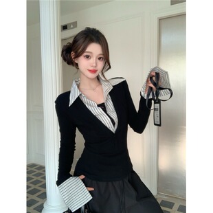 黑色假两件条纹衬衫2025秋冬蕾丝内搭打底衫短款辣妹T恤女装上衣