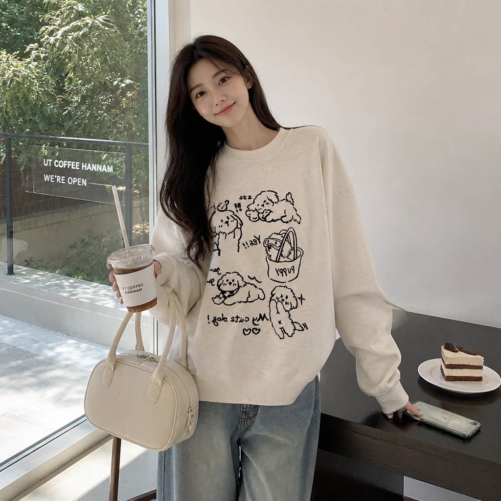 白灰圆领慵懒风女卫衣春秋新款