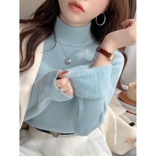 蓝色毛衣女秋冬高级感2025新款半高领加绒打底衫东北冬季内搭上衣