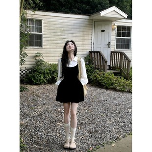 温柔风套装白色POIO领长袖衬衫女秋冬复古丝绒吊带裙连衣裙两件套