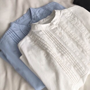 小众灯笼袖 baby蓝重工风琴褶长袖 圆领通勤宽松秋季 女法式 衬衫