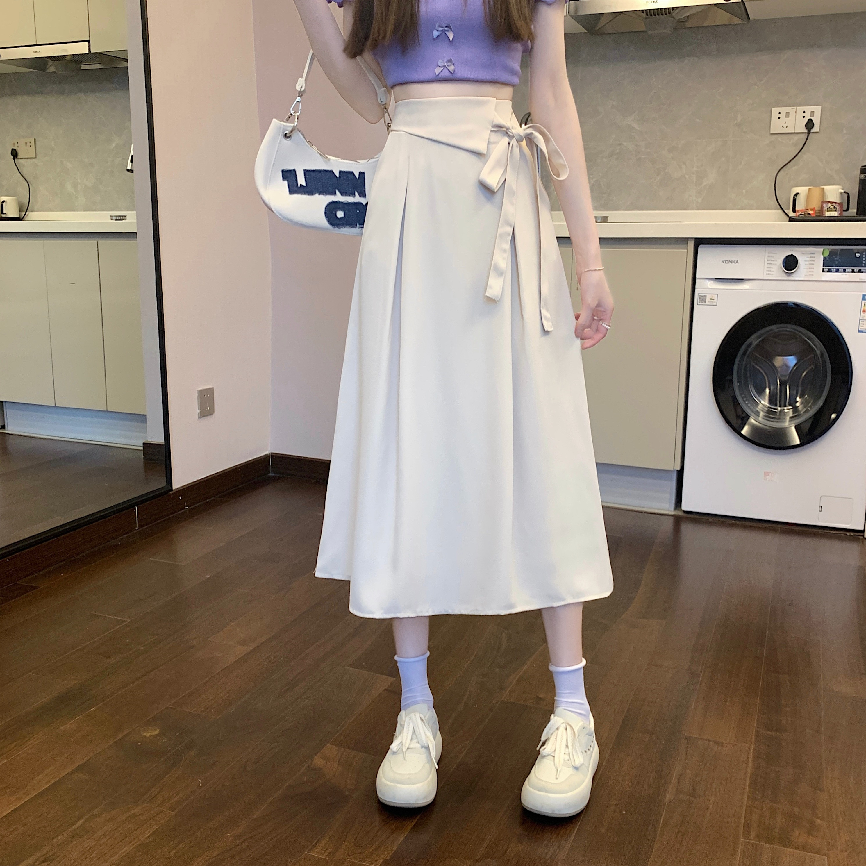 夏季新款韩版简约风高腰西装伞裙中长款百褶裙显瘦垂感女半身裙子