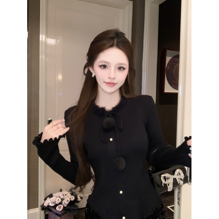 毛毛领红色针织衫毛衣女2025年秋季显瘦内搭打底衫漂亮气质的上衣