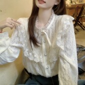 秋冬季 磨毛上衣 甜美蝴蝶结系带打底衬衣女蕾丝衬衫 2024年新款 法式