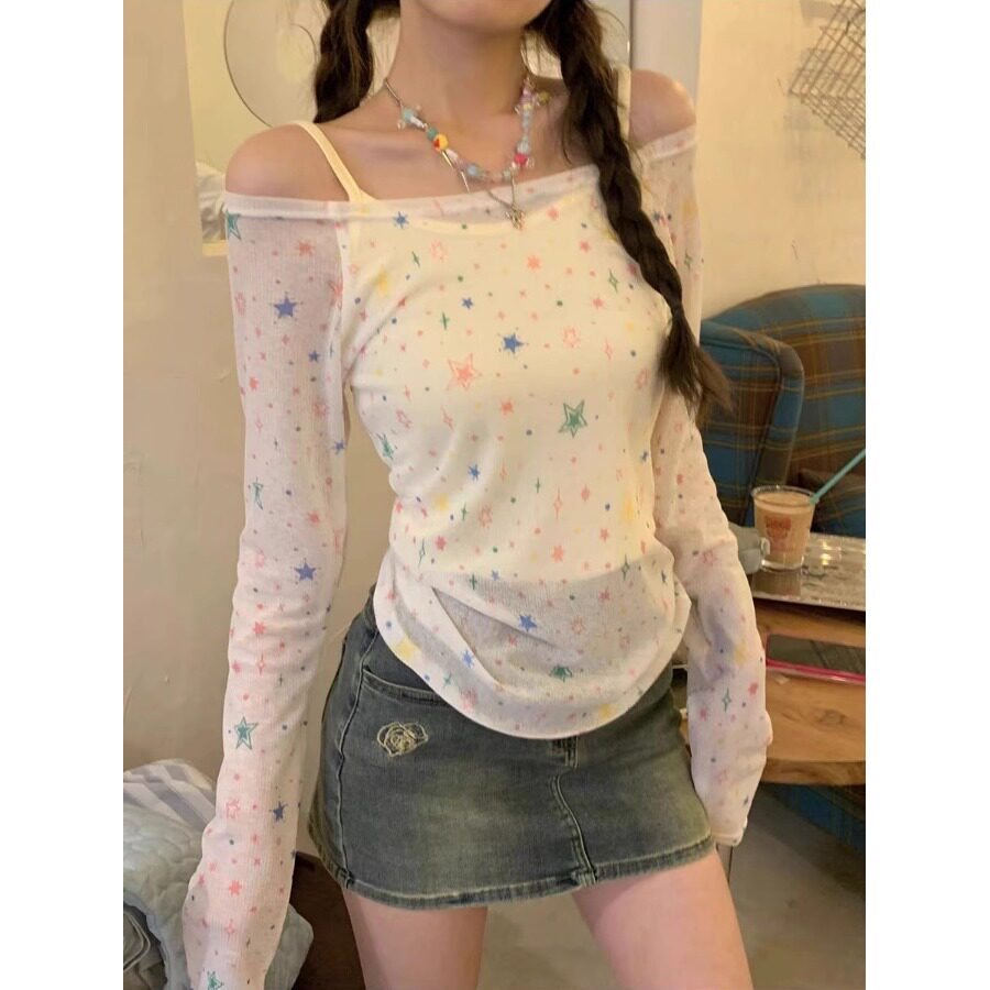 一字肩星星印花长袖T恤女外穿夏季修身显瘦慵懒风薄款罩衫上衣ins