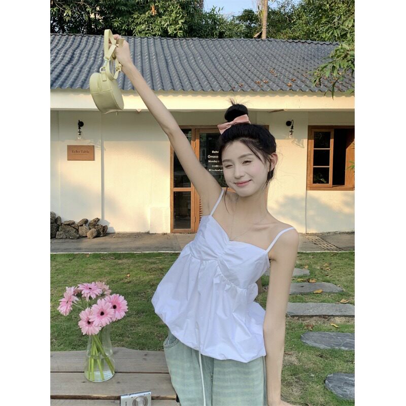 一字肩吊带娃娃款衬衣女夏季韩系小个子无袖设计感小众抹胸上衣